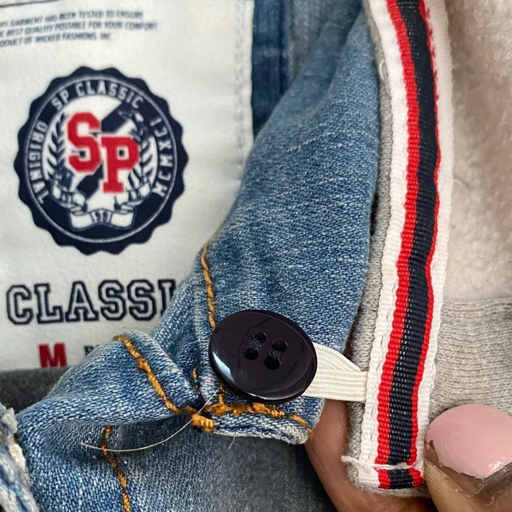Classic Cropped Blue Denim Varsity Vest with Gray Removable Hood, Size M